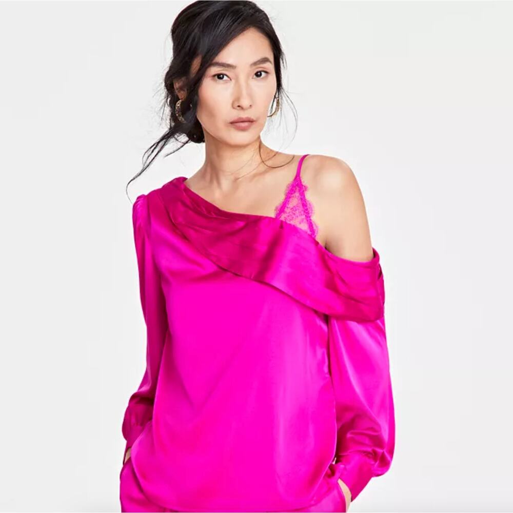 I.N.C. International Concepts Fuchsia Satin Asymmetric Lace Blouse Size M NWT